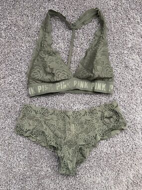 PINK Victoria's Secret Olive Green Lace Bralette & Hipster Set